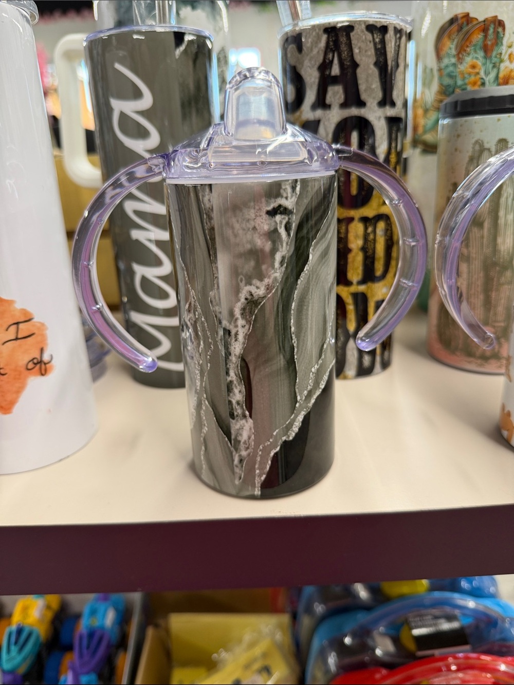Black Marble Sippy Cup with Purple Handles - Unbranded